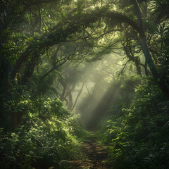 A Tranquil Stroll: Sunlight Dancing Through the Verdant Canopy of an Old Forest