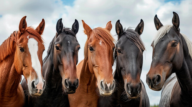 Group of five horses looking straight ahead