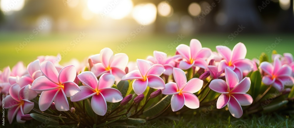 Sticker Pretty pink blooms in green foliage under bright sunlight