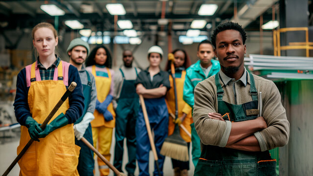 A multi-ethnic group of professional cleaners and maintenance workers at a manufacturing facility