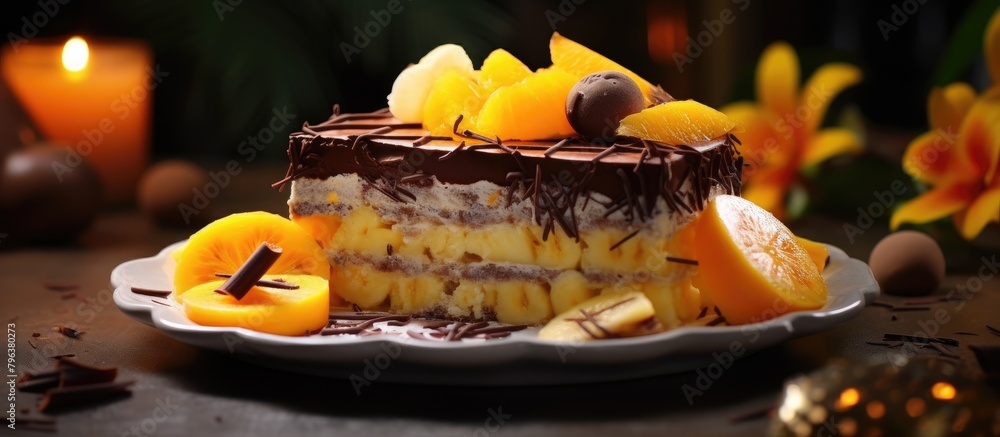 Poster cake slice with chocolate and citrus on a plate