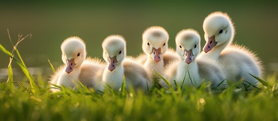 Four small ducklings rest on the grass - Powered by Adobe