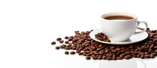 A cup of coffee with beans on a saucer - obrazy, fototapety, plakaty