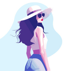 Beautiful young woman in a hat and sunglasses. Vector illustration.