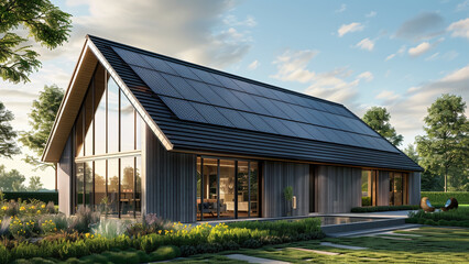 Modern Eco-Friendly Home: New House with Photovoltaic System on Roof, House with Solar Panels Installation