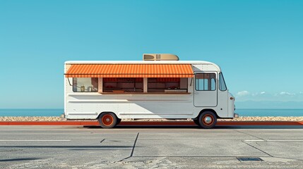 White food truck with orange awning parked ready for customers under clear skies