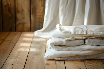 Organized linens on wooden floor in a cozy room. Concept Home Organization, Linen Storage, Cozy Interior Design