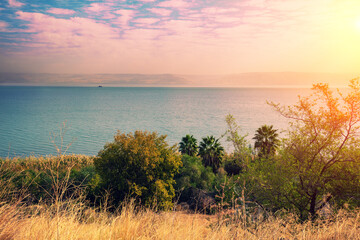 Sunrise over the Sea of Galilee. Seascape during sunrise in Israel
