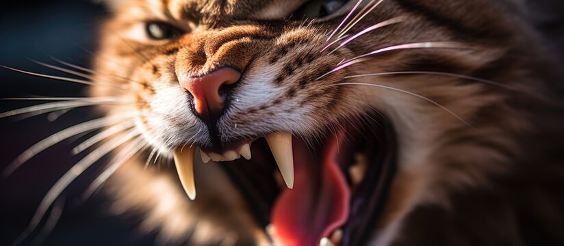 Adult Cat Showing Sharp Teeth in Open Mouth