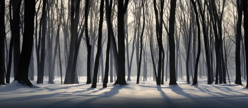 Sun shines through snowy forest trees - Powered by Adobe