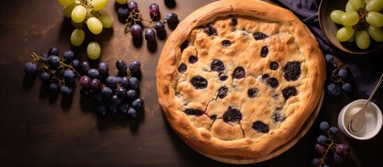 Naklejka premium Pie with grapes and fruit on table