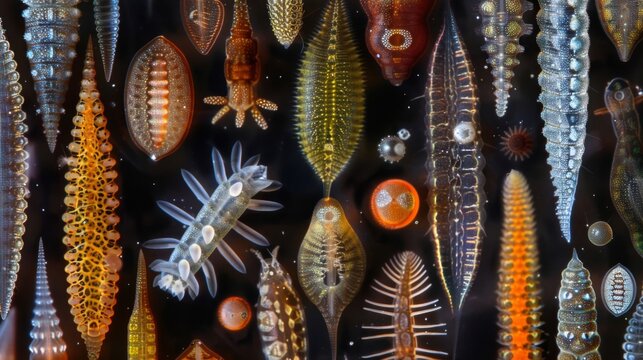 A magnificent array of rotifer species captured under high magnification to display their unique shapes and patterns.
