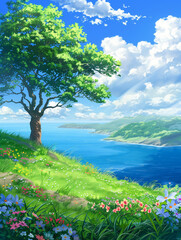 Illustration the vast sea, the blue sky and white clouds, green grasslands on both sides grow colorful flowers, Generative AI
