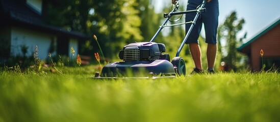 Man mowing grass with lawnmower