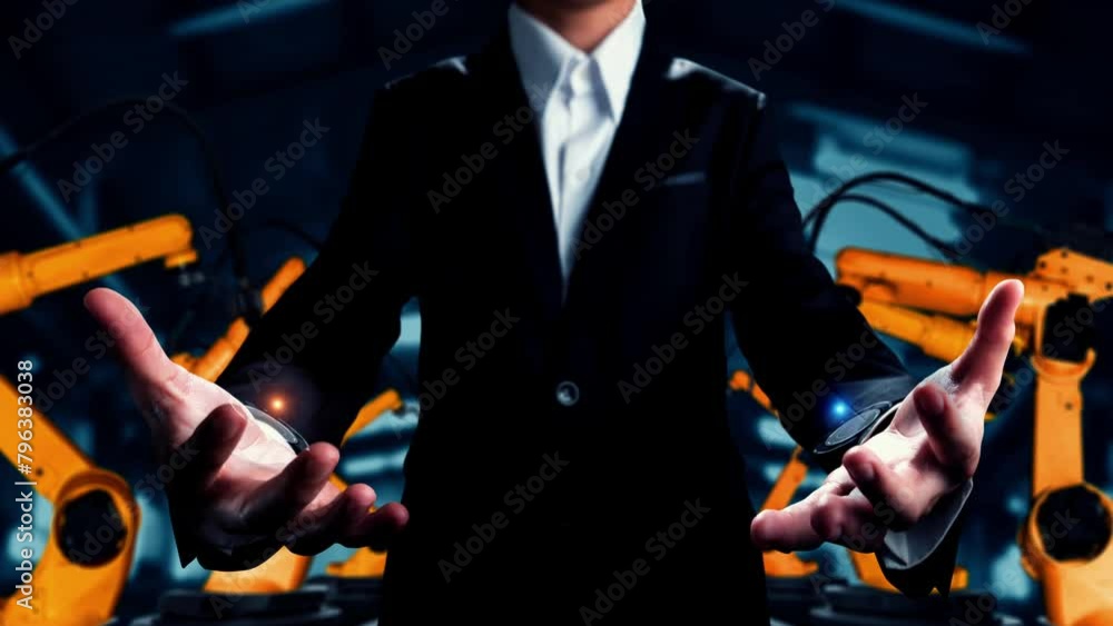Poster mlp engineer use cybernated robotic software to control industry robot arm in factory. automation ma