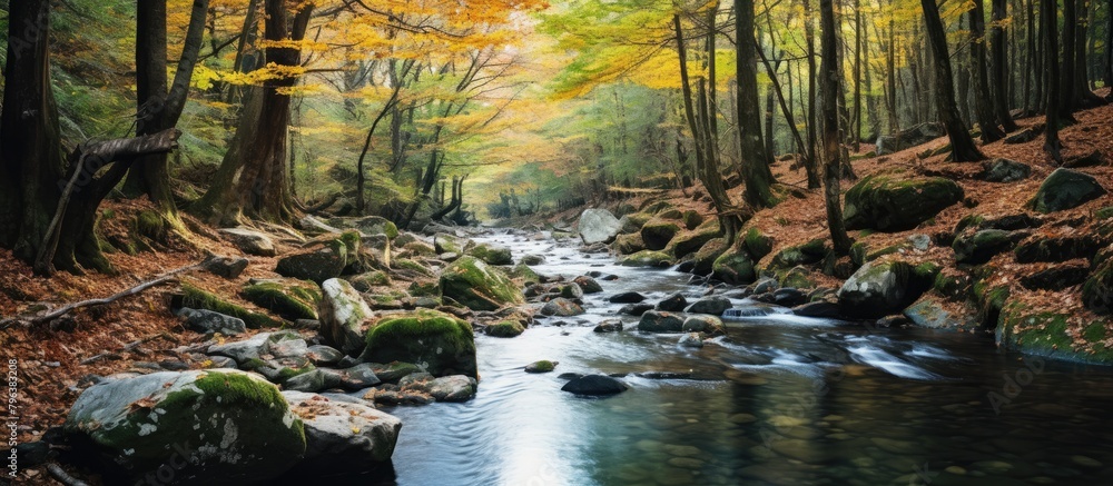 Poster stream calm forest rocks trees