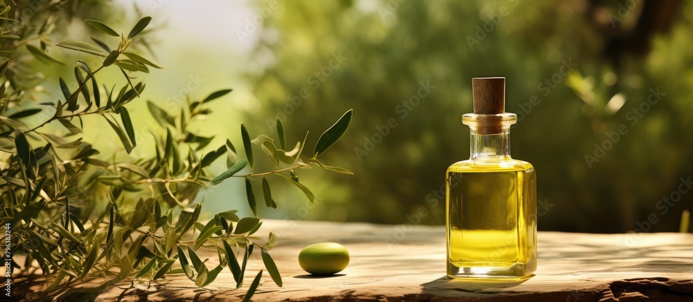 Canvas Prints Olive oil bottle near lush olive tree