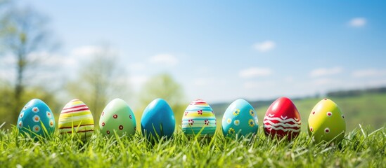 Fototapeta premium Row of vibrant eggs on grass