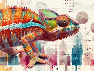 Surreal visual of a chameleon changing colors on a graph chart illustrating adaptability in business strategies