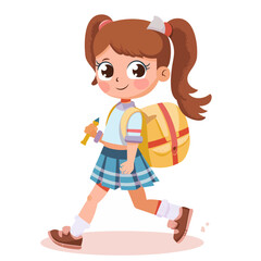 Cute little schoolgirl with backpack. Vector illustration in cartoon style