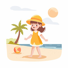Cute little girl playing with a ball on the beach vector Illustration