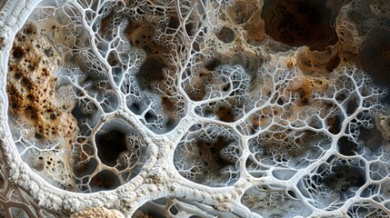 A breathtaking view of fungal hyphae forming a complex weblike structure resembling a masterpiece sculpture. - obrazy, fototapety, plakaty