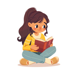 Fototapeta na wymiar Cute little girl reading a book, cartoon vector illustration isolated on white background.