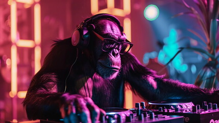 Fototapeta na wymiar Ape DJ in a vibrant nightclub edm music