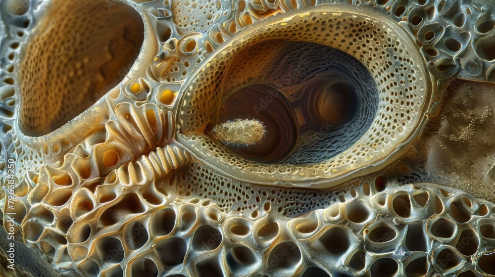 Poster a microscopic view of a nematode egg its surface covered in intricate ridges and dimples. a tiny rou