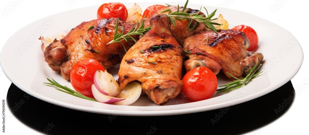 Sticker Plate of chicken and tomatoes on white dish