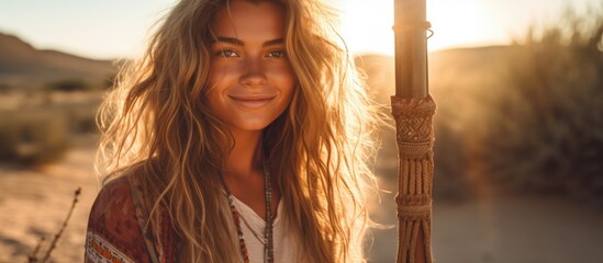 Woman long hair holding broom desert