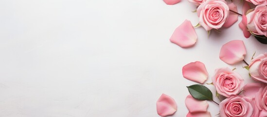 Pink roses scattered on white backdrop