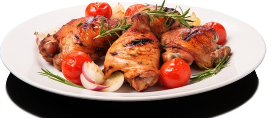 Plate of chicken and tomatoes on white dish