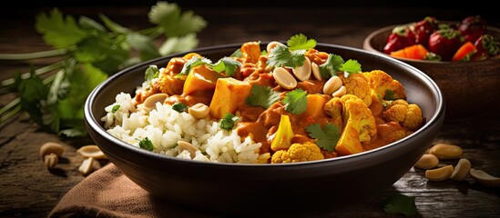 Vegan curry with cauliflower chickpeas and butternut squash served with rice
