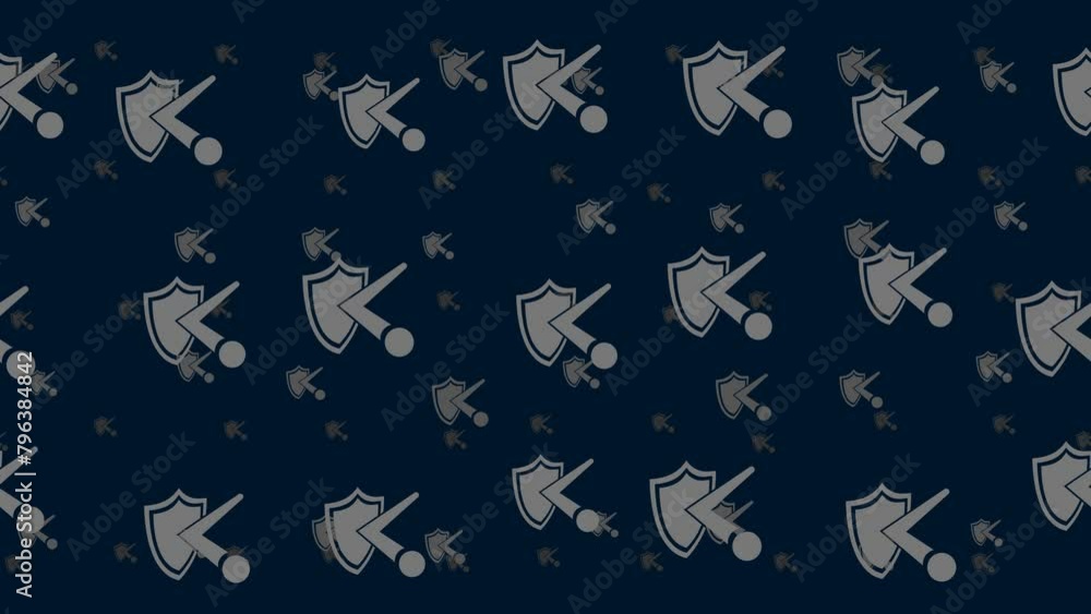 Poster ball bounces off the shield symbols float horizontally from left to right. parallax fly effect. floa