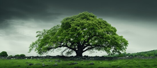 A lone oak tree in a vast meadow under a brooding sky