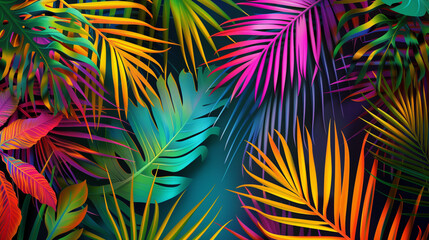 Background of neon tropical leaves.