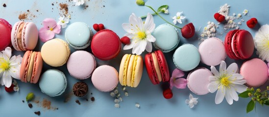 A row of macarons and blooms on blue - 796385065