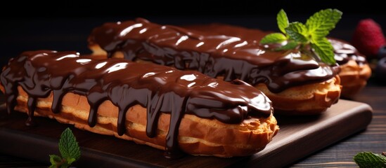 Delicious pastries covered in chocolate on wooden surface garnished with fresh mint leaves - 796385066