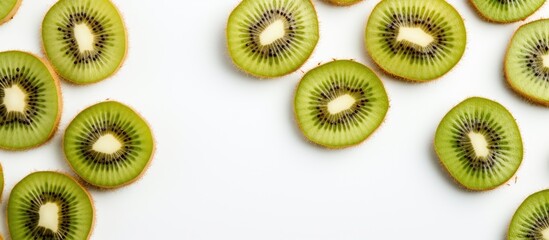 Close-up of halved kiwi slices on white background - 796385085