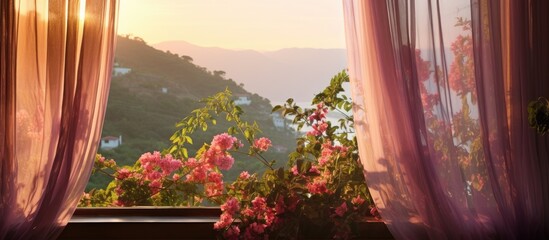 Mountain range through window with pink curtain