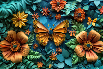 Paper and fabric art on nature with flowers and butterflies