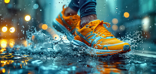 Runner's Sneakers in Rainy Morning Run, Water Puddles Splashing - obrazy, fototapety, plakaty