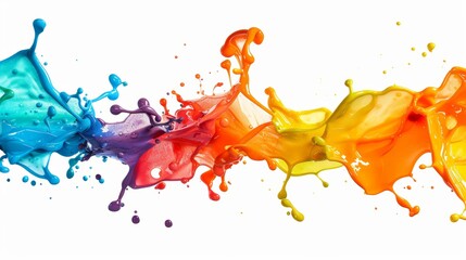 Colorful droplets of paint captured mid-air, forming an isolated design element on a stark white background, suitable for energetic designs