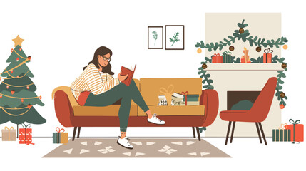 A cute woman relaxes with a book in a cozy living room
