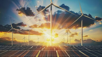 Detailed and realistic portrait of contemporary wind turbines and solar panels illuminated by the vibrant light of a setting sun, highlighting sustainability