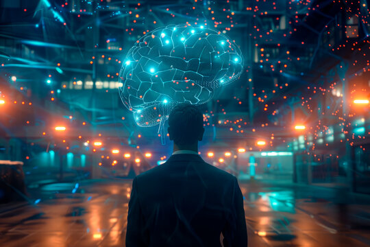 Rear view of a businessman stands in the data center and looking at a holographic digital brain above his head that suggest advanced technology or artificial intelligence concepts.