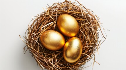 Top view of a nest filled with golden Easter eggs on a white backdrop. AI Generative.