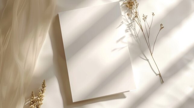 Blank wedding invitation in warm sunlight, top view. AI Generative.
