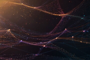 Wave of dots and interlacing lines, abstract background, structure of network connections, big data - obrazy, fototapety, plakaty